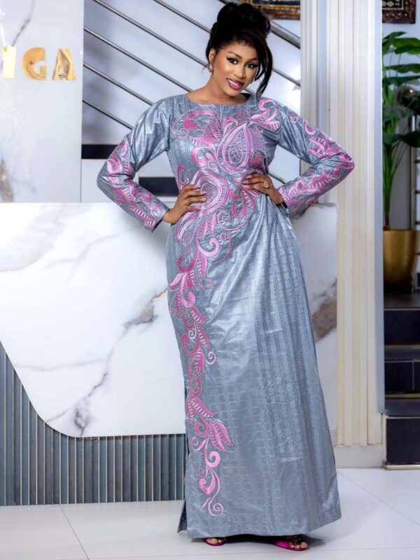 African Bazin Gown in Grey Getzner Fabric with Pink Embroidery