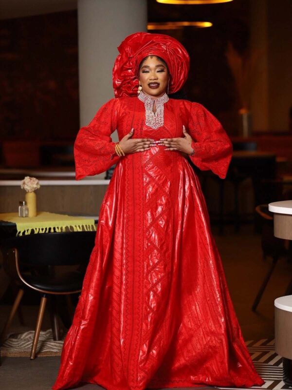 Red African bazin dress 2 Luxury Red African Bazin Dress – Elegant Embroidered Gown for Special Occasions