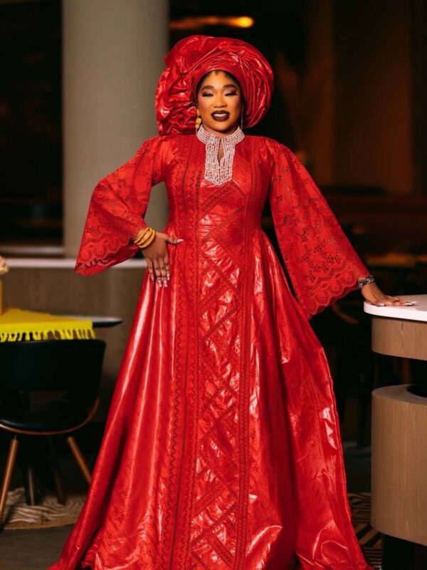 Red African bazin dress 3 Luxury Red African Bazin Dress – Elegant Embroidered Gown for Special Occasions