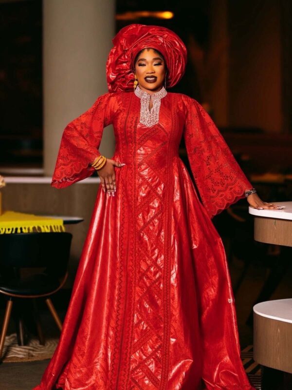Red African bazin dress Luxury Red African Bazin Dress – Elegant Embroidered Gown for Special Occasions