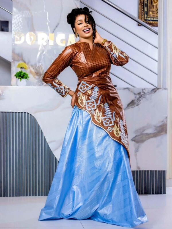 Two toned Bazin dress 2 Bazin riche dress custom-made with contrast panel and floral embroidery