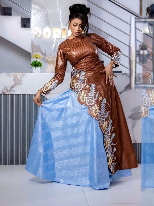 Two toned Bazin dress 3 Bazin riche dress custom-made with contrast panel and floral embroidery