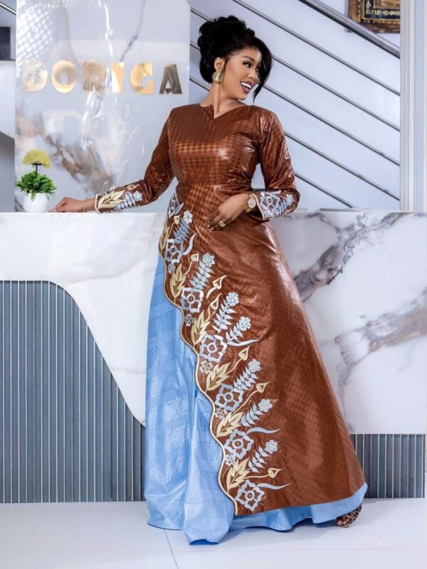 Two toned Bazin dress Bazin riche dress custom-made with contrast panel and floral embroidery