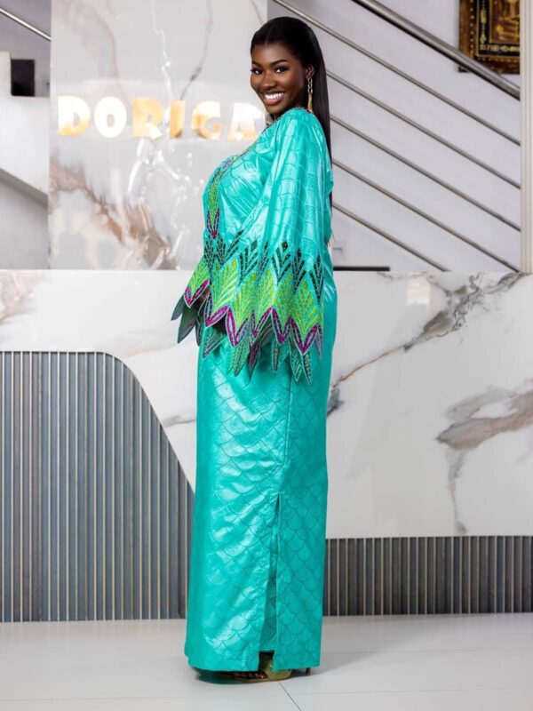African Bazin Dress for Formal Events – Custom Turquoise Bazin Riche Gown with Bell Sleeves