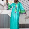 African Bazin Dress for Formal Events – Turquoise Getzner Boubou with Multicolor Embroidery