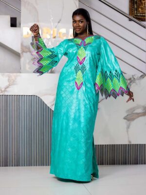 African Bazin Dress for Formal Events – Turquoise Getzner Boubou with Multicolor Embroidery