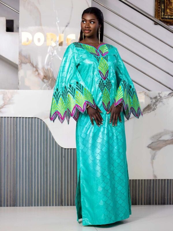 African Bazin Dress for Formal Events – Custom Turquoise Bazin Riche Gown with Bell Sleeves