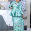 African bazin dress with embroidery 2 African Bazin Dress with Embroidery – Custom Mint Green Getzner Two-Piece Set with Pink Floral Embroidery