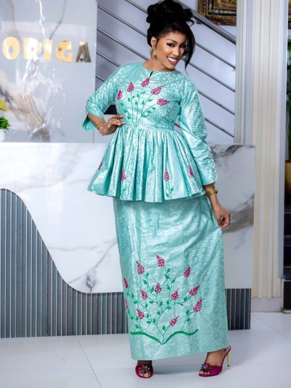 African bazin dress with embroidery 2 African Bazin Dress with Embroidery – Custom Mint Green Getzner Two-Piece Set with Pink Floral Embroidery