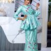 African bazin dress with embroidery 3 African Bazin Dress with Embroidery – Mint Green Peplum Top & Skirt Set with Floral Motifs