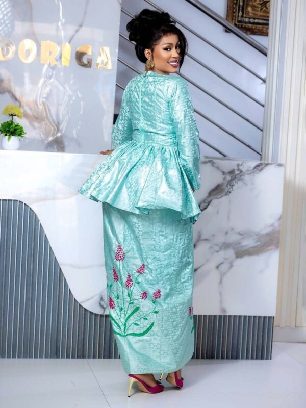 African bazin dress with embroidery African Bazin Dress with Embroidery – Custom Mint Green Getzner Two-Piece Set with Pink Floral Embroidery