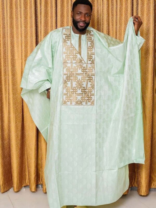 African Men’s Bazin Clothing in Mint Green with Gold Embroidery
