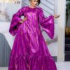 Bazin wedding guest dress in magenta Getzner with embroidered detail