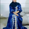 Bazin Dress for Traditional Wedding – Blue Embroidered Boubou with Headscarf