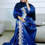 Bazin Dress for Traditional Wedding in Royal Blue with Gold Embroidery