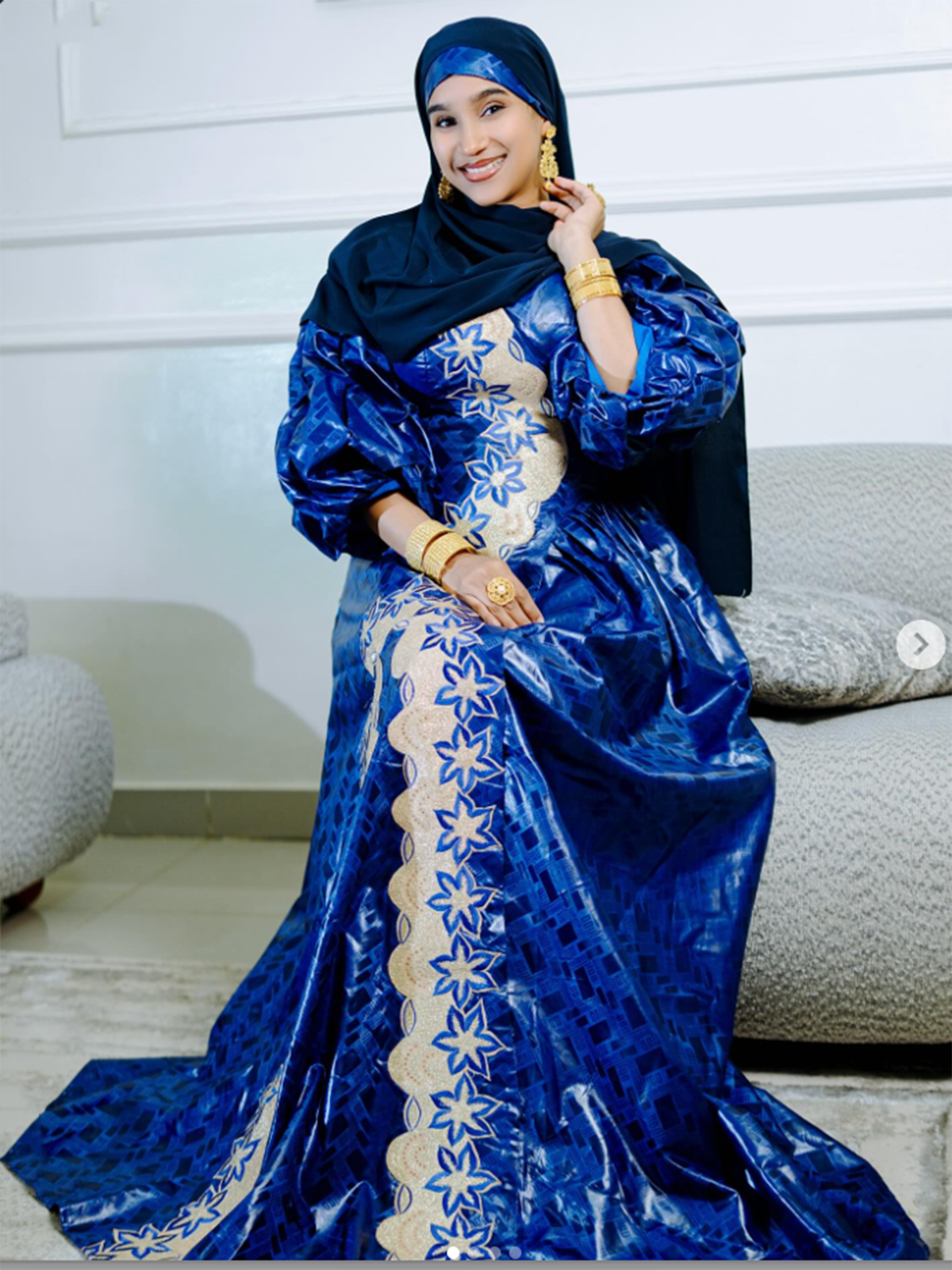 Bazin Dress for Traditional Wedding Blue Embroidered Boubou with Headscarf Bazin Dress for Traditional Wedding Blue Embroidered Boubou with Headscarf