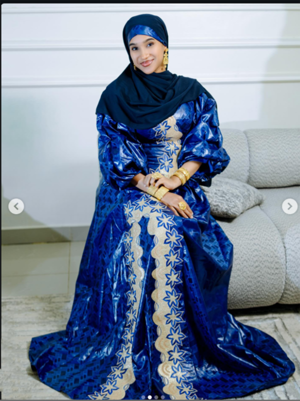 Bazin Dress for Traditional Wedding – Blue Embroidered Boubou with Headscarf