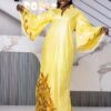 Bazin Dress with Matching Headwrap – Bright Yellow Embroidered Getzner Boubou for Women