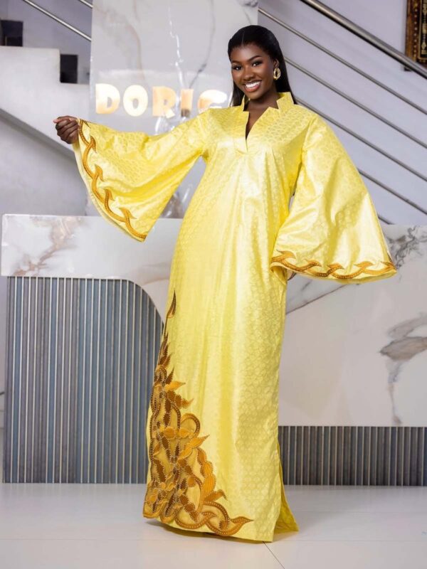 Bazin Dress with Matching Headwrap – Bright Yellow Embroidered Getzner Boubou for Women