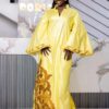 Look effortlessly put-together in this beautiful bazin dress with matching headwrap. The bright yellow Getzner boubou features elegant gold embroidery on the dramatic bell sleeves and hem. Fully custom-made to your exact measurements and includes the coordinating headwrap. Ideal for weddings, Eid celebrations, engagements, and photoshoots. Enjoy reliable worldwide delivery.