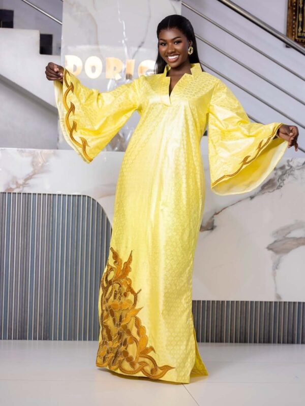 Bazin Dress with Matching Headwrap – Bright Yellow Embroidered Getzner Boubou for Women