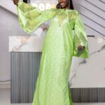 Bazin Outfit for Eid Celebration – Lime Green Embroidered Getzner Boubou with Bell Sleeves