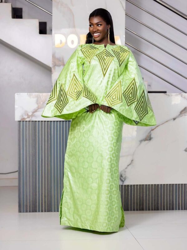 Bazin Outfit for Eid Celebration – Long Sleeve Wide Bell Sleeve Green Bazin Dress for Women