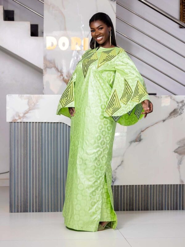 Bazin Outfit for Eid Celebration – Long Sleeve Wide Bell Sleeve Green Bazin Dress for Women