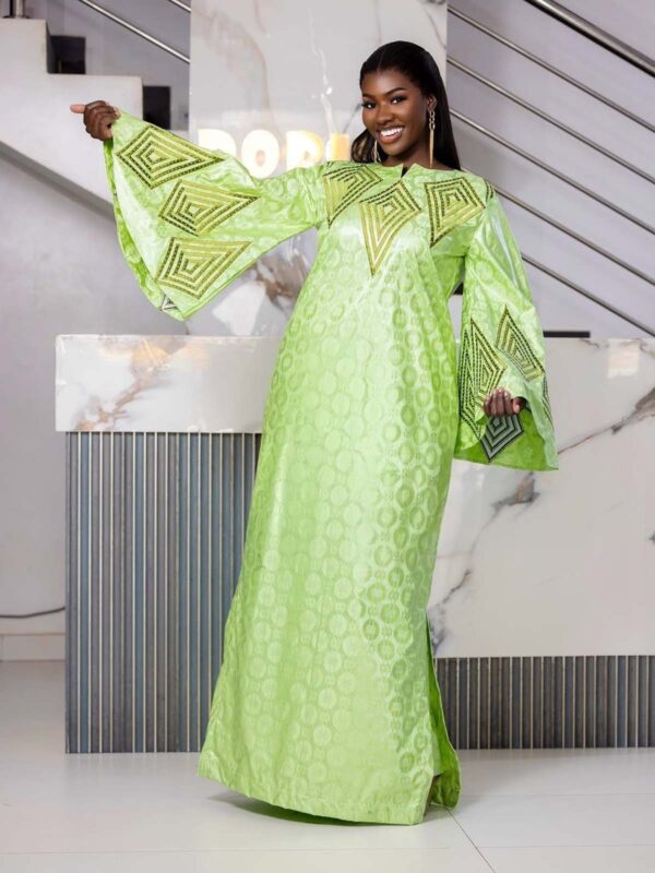 Bazin Outfit for Eid Celebration – Lime Green Embroidered Getzner Boubou with Bell Sleeves