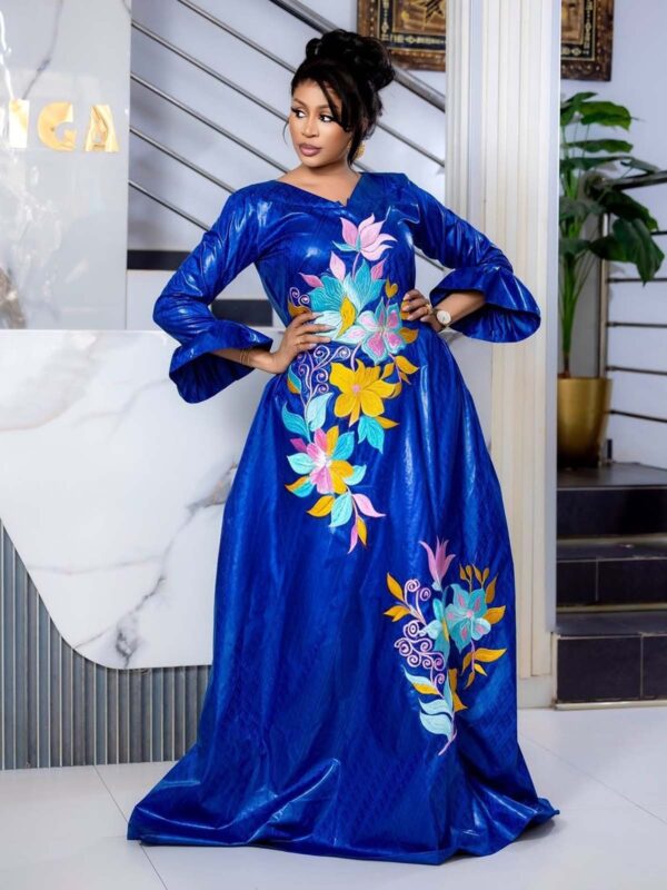 Bazin Wedding Guest Dress – Embroidered Blue Maxi Dress for Women