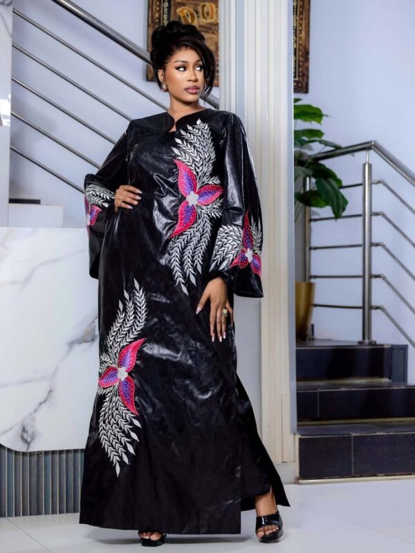 Gambian Bazin Dress with Bold Pink Floral Design