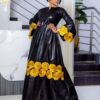 Black bazin gold embroidery dress Custom bazin dress with embroidered sleeves and full-length boubou design