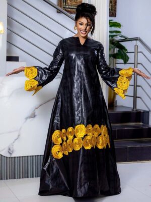 Black bazin gold embroidery dress 3 Custom bazin dress in premium Getzner with bold gold embroidery detail