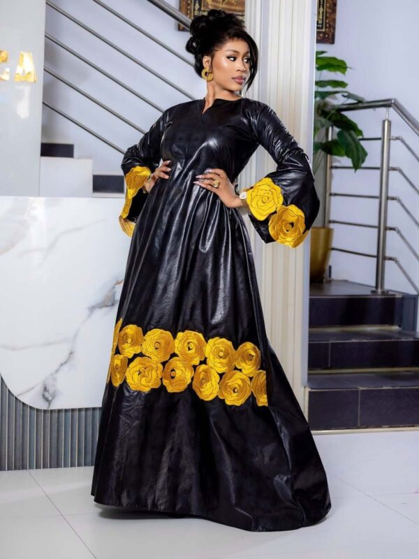 Black bazin gold embroidery dress Custom bazin dress with embroidered sleeves and full-length boubou design