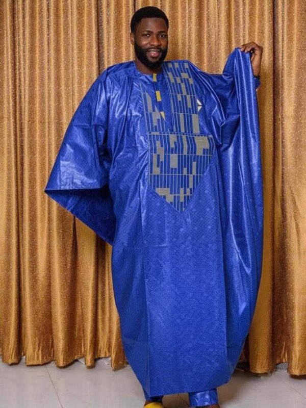 Men’s bazin outfit traditional blue boubou set with detailed chest embroidery