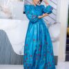 Blue bazin maxi dress Senegalese Bazin Dress in Teal Getzner Fabric with Floral Embroidery