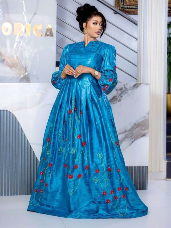 Blue bazin maxi dress 2 Senegalese Bazin Dress – Embroidered Teal Bazin Boubou for Women