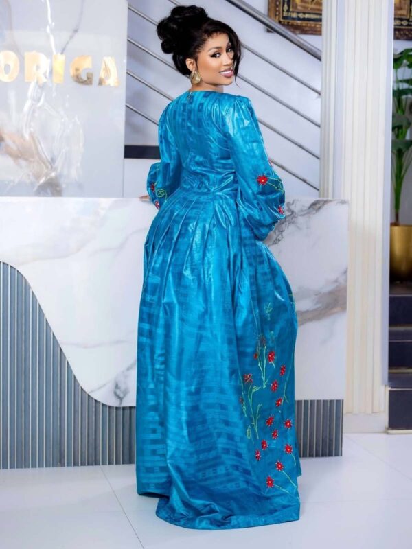 Blue bazin maxi dress 3 Senegalese Bazin Dress – Embroidered Teal Bazin Boubou for Women