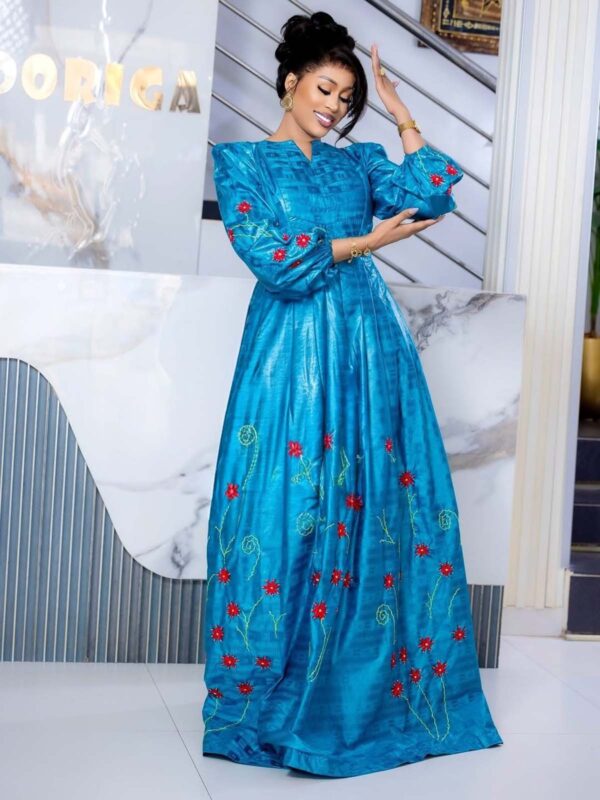 Blue bazin maxi dress Senegalese Bazin Dress in Teal Getzner Fabric with Floral Embroidery