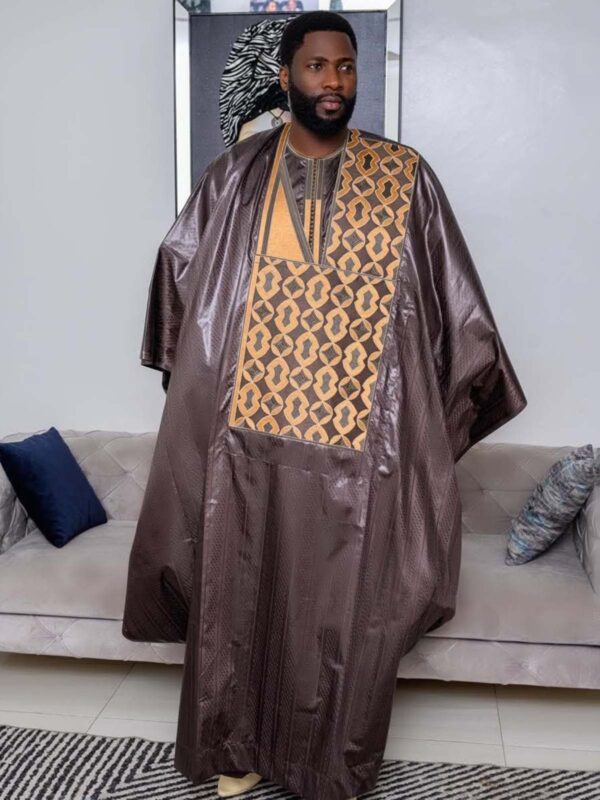 Embroidered bazin outfit men in brown Getzner fabric with matching boubou set