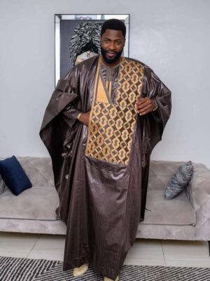 Embroidered bazin outfit men traditional brown boubou set with detailed embroidery