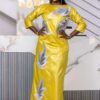 Luxury Bazin Riche Gown for Special Occasions – Custom Silver Embroidered Yellow Bazin Dress