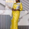 Luxury Bazin Riche Gown for Special Occasions – Custom Silver Embroidered Yellow Bazin Dress