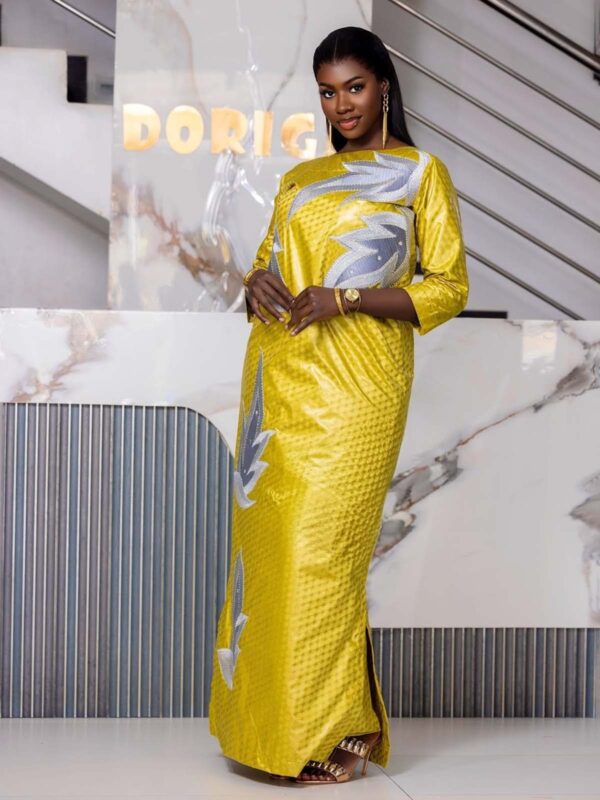 Luxury Bazin Riche Gown for Special Occasions – Custom Silver Embroidered Yellow Bazin Dress