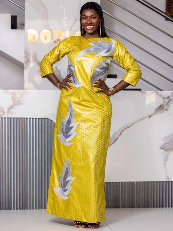 Luxury Bazin Riche Gown for Special Occasions – Custom Silver Embroidered Yellow Bazin Dress