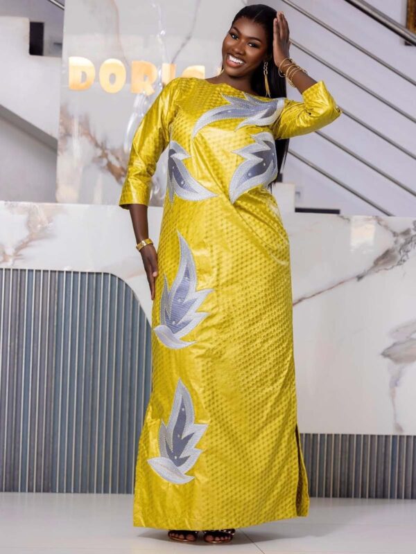 Luxury Bazin Riche Gown for Special Occasions – Custom Silver Embroidered Yellow Bazin Dress