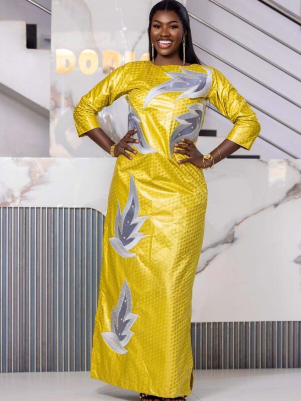 Luxury Bazin Riche Gown for Special Occasions – Custom Silver Embroidered Yellow Bazin Dress