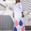 Custom made African bazin dress 2 Custom Made African Bazin Dress – White Embroidered Getzner Boubou with Pink & Blue Leaf Motifs