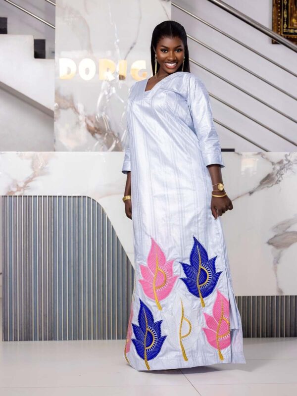 Custom made African bazin dress 2 Custom Made African Bazin Dress – White Embroidered Getzner Boubou with Pink & Blue Leaf Motifs