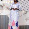 Custom made African bazin dress 3 Custom Made African Bazin Dress – White Embroidered Getzner Boubou with Pink & Blue Leaf Motifs